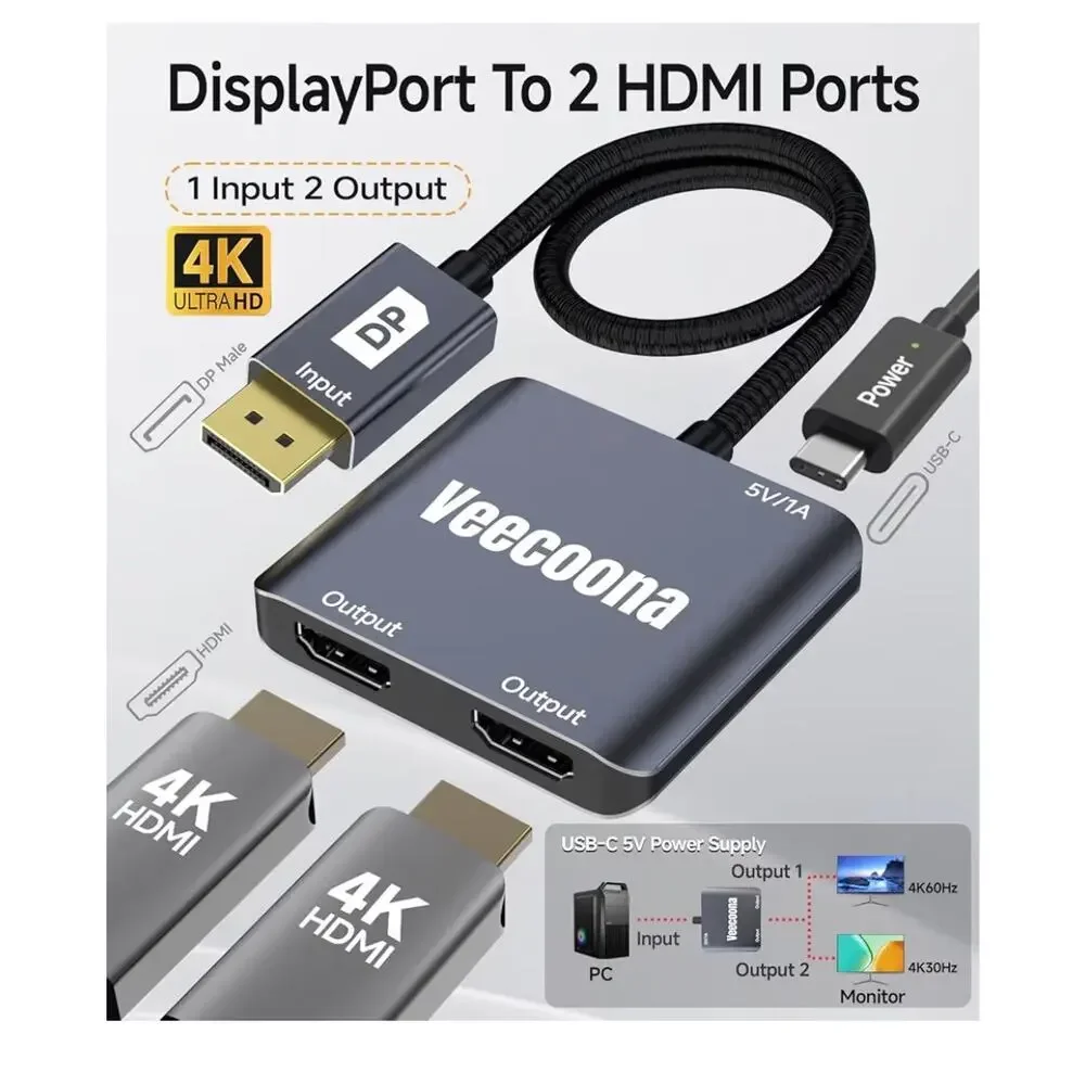 New DisplayPort to Dual HDMI Adapter 1 in 2 Out  DP Source to HDMI Splitter